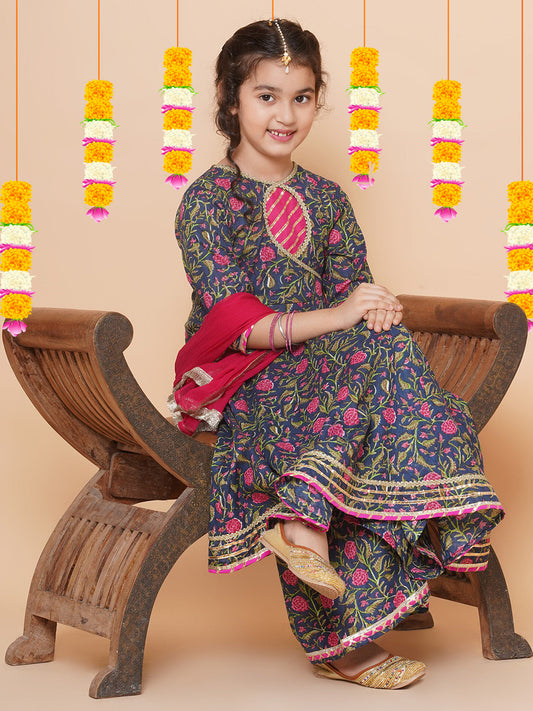 Blue Floral Printed Kurta Sharara Set with Dupatta – Angrakha Style