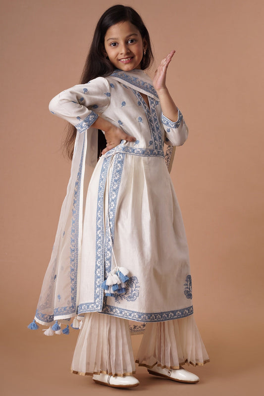 Ivory & Blue Cotton Sharara Set for Girls – Ethnic Party Wear