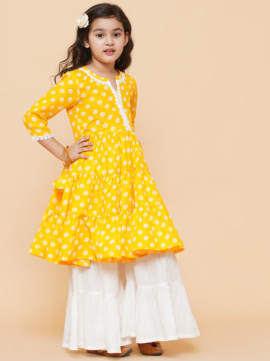 Yellow Ethnic Printed Cotton Mini Suit with Dupatta