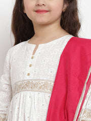 White Ethnic Printed Kurta Sharara Set + Red Dupatta