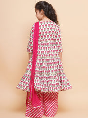 Girls Off-White Pink Floral Kurta & Palazzo with Dupatta
