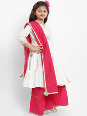 White Ethnic Printed Kurta Sharara Set + Red Dupatta