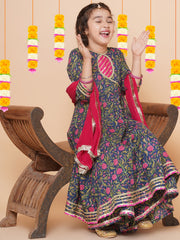 Blue Floral Printed Kurta Sharara Set with Dupatta – Angrakha Style