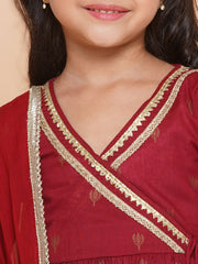 Maroon Ethnic Printed Angrakha Kurta Sharara Set with Dupatta