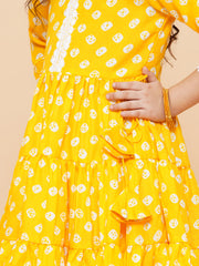 Yellow Ethnic Printed Cotton Mini Suit with Dupatta