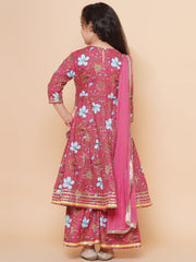 Peach Floral Printed Angrakha Kurta & Sharara Set with Dupatta