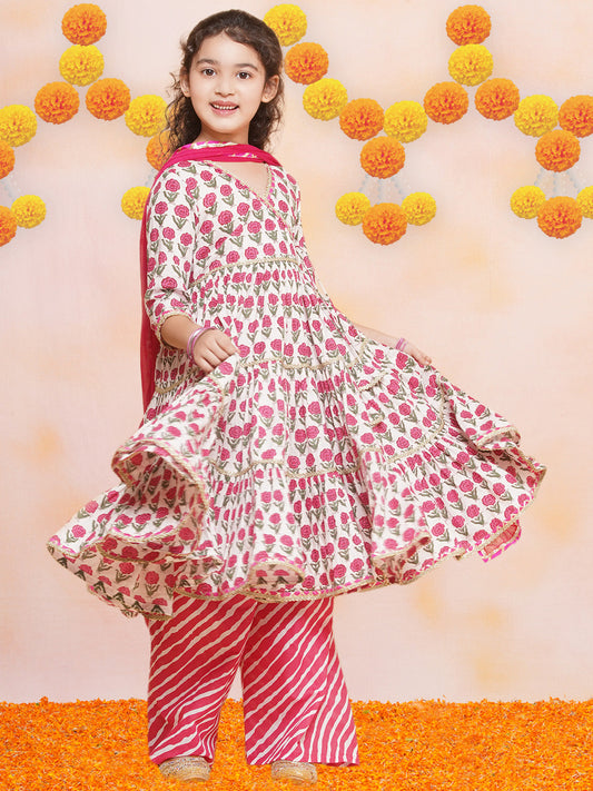 Girls Off-White Pink Floral Kurta & Palazzo with Dupatta