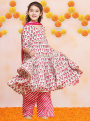 Girls Off-White Pink Floral Kurta & Palazzo with Dupatta