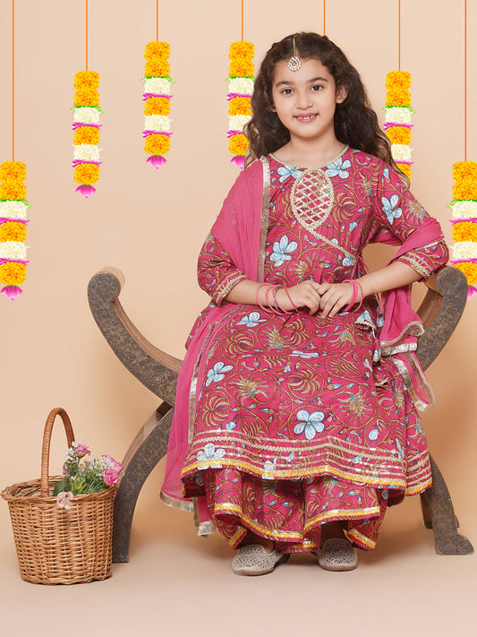 Peach Floral Printed Angrakha Kurta & Sharara Set with Dupatta