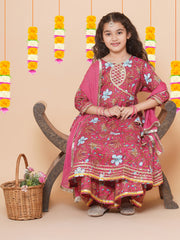 Peach Floral Printed Angrakha Kurta & Sharara Set with Dupatta