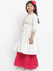White Ethnic Printed Kurta Sharara Set + Red Dupatta
