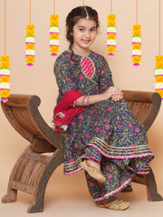 Blue Floral Printed Kurta Sharara Set with Dupatta – Angrakha Style