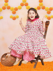 Girls Off-White Pink Floral Kurta & Palazzo with Dupatta