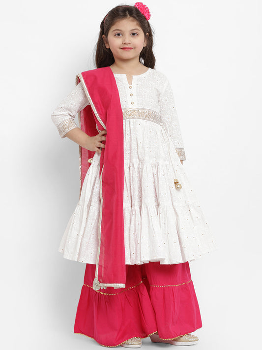 White Ethnic Printed Kurta Sharara Set + Red Dupatta
