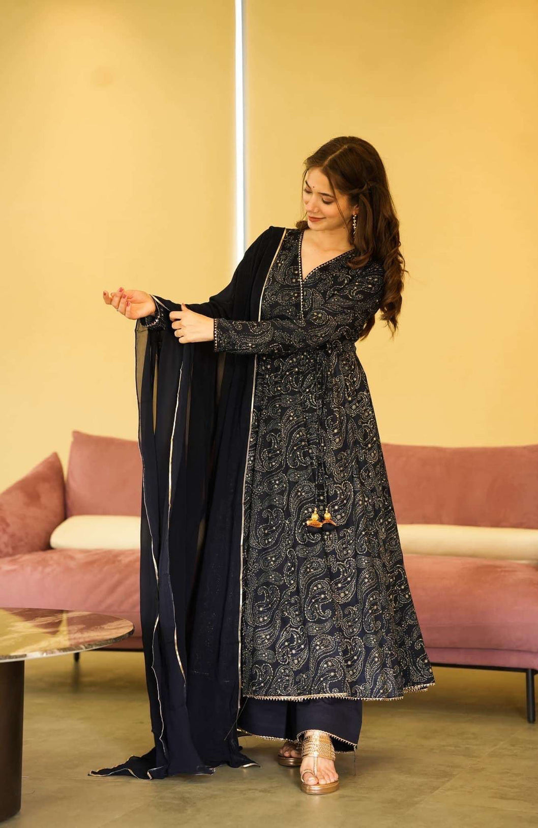 Navy Afsan Printed Suit Set