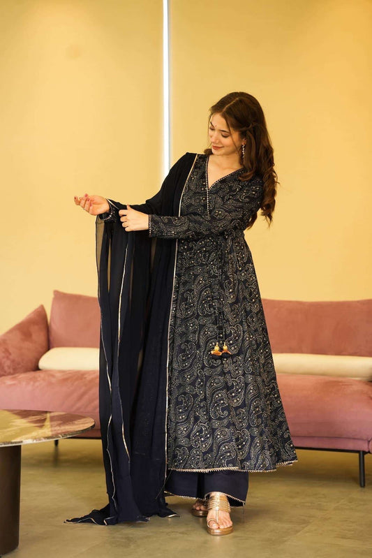 Navy Afsan Printed Suit Set