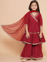 Maroon Ethnic Printed Angrakha Kurta Sharara Set with Dupatta