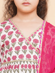 Girls Off-White Pink Floral Kurta & Palazzo with Dupatta