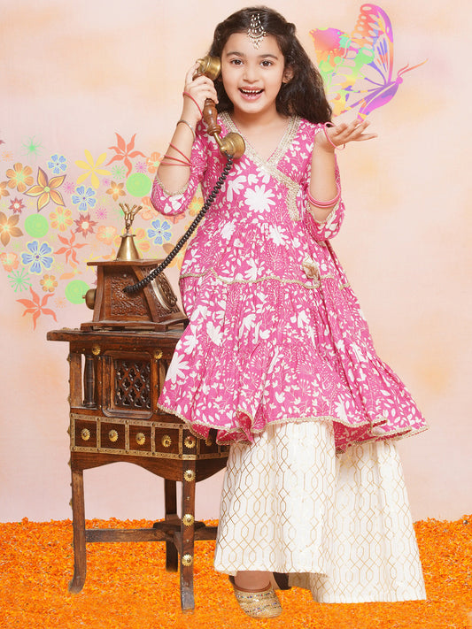 Blush Pink Floral Print Angrakha Style Kurta
