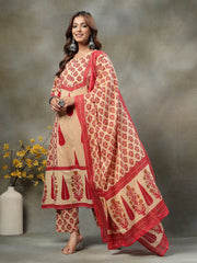 Red and Peach Cotton Suit Set