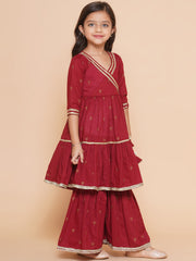 Maroon Ethnic Printed Angrakha Kurta Sharara Set with Dupatta