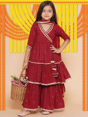 Maroon Ethnic Printed Angrakha Kurta Sharara Set with Dupatta