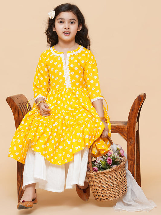Yellow Ethnic Printed Cotton Mini Suit with Dupatta
