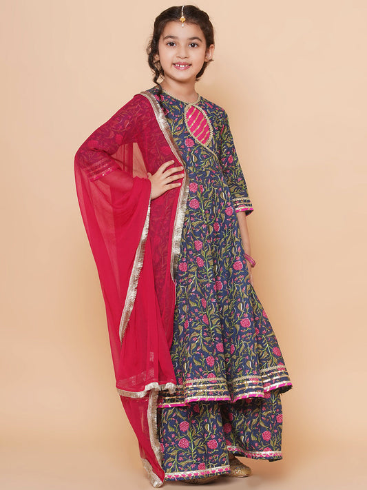 Blue Floral Printed Kurta Sharara Set with Dupatta – Angrakha Style