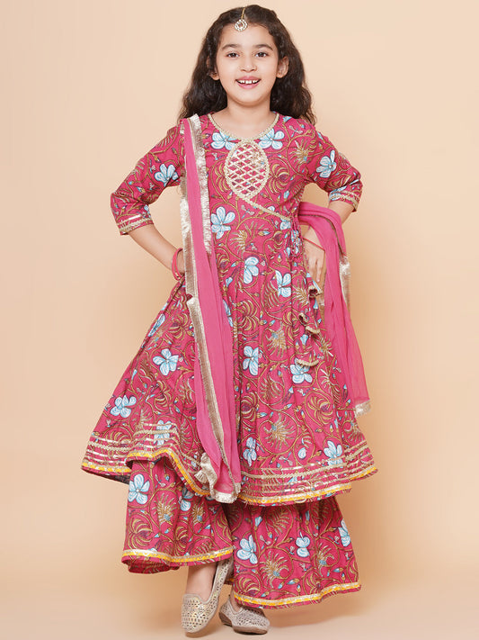 Peach Floral Printed Angrakha Kurta & Sharara Set with Dupatta