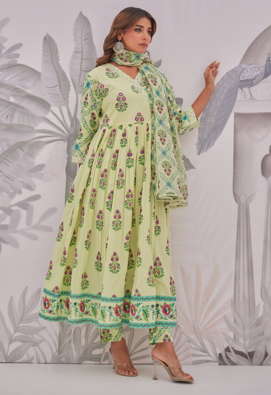 Green Petal Butta Anarkali Set
