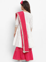 White Ethnic Printed Kurta Sharara Set + Red Dupatta