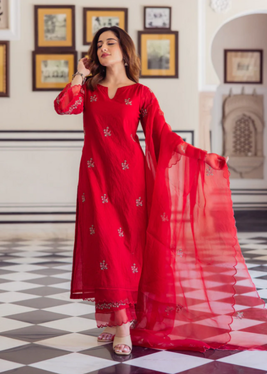 Red Chanderi Suit Set
