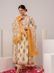 Off White Cotton Floral Print Kurta Suit Set