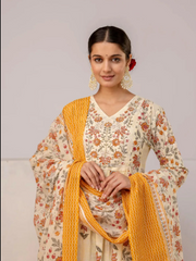 Off White Cotton Floral Print Kurta Suit Set
