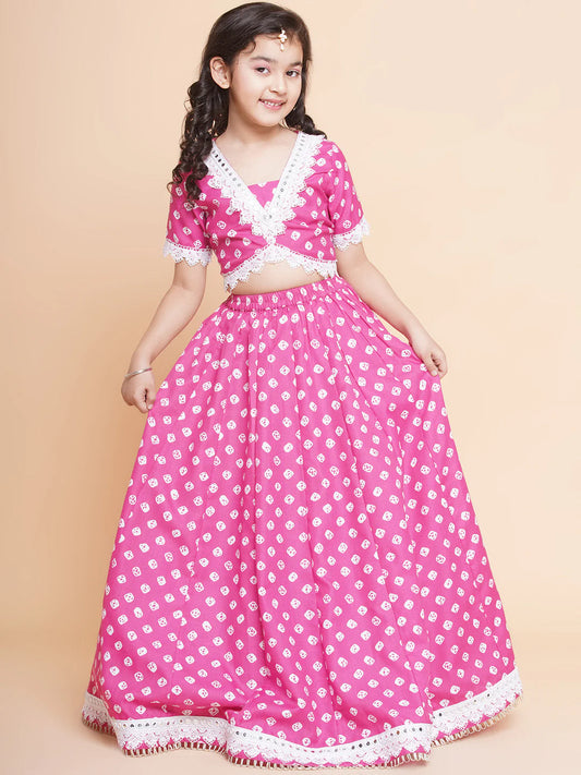 Pink Bandhani Lace Lehenga Set