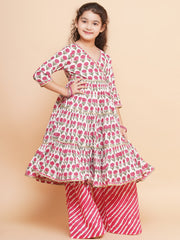 Girls Off-White Pink Floral Kurta & Palazzo with Dupatta