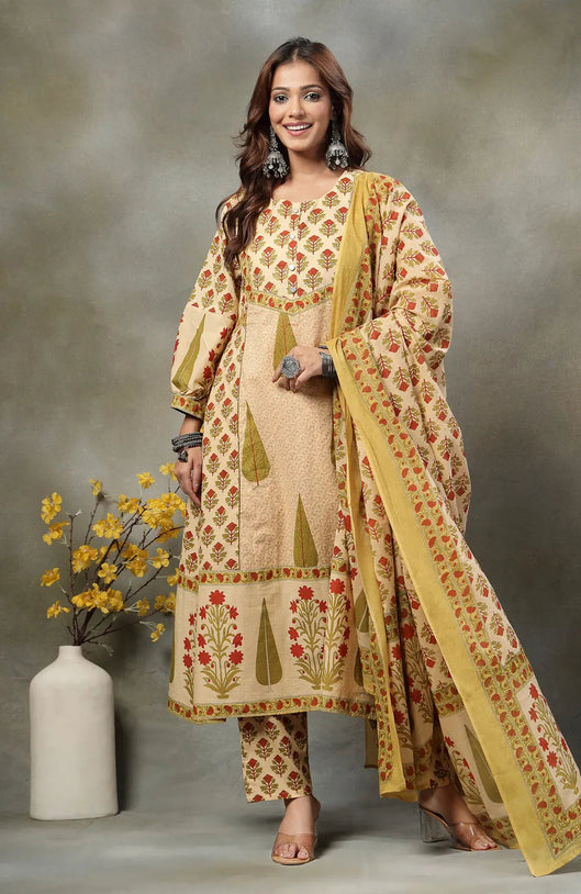 Green and Peach Cotton Suit Set