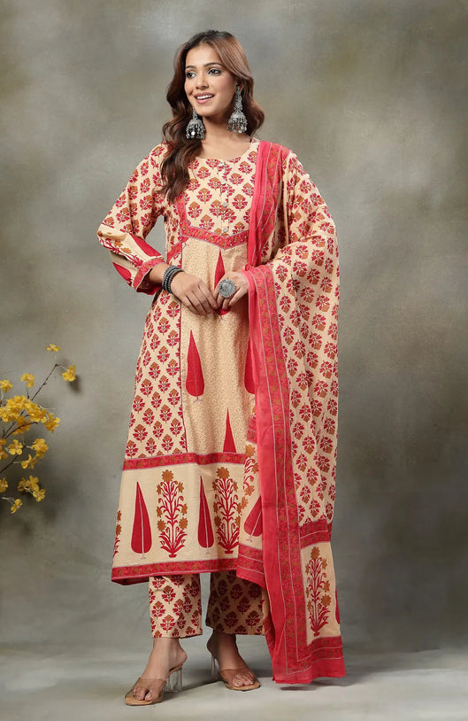 Red and Peach Cotton Suit Set