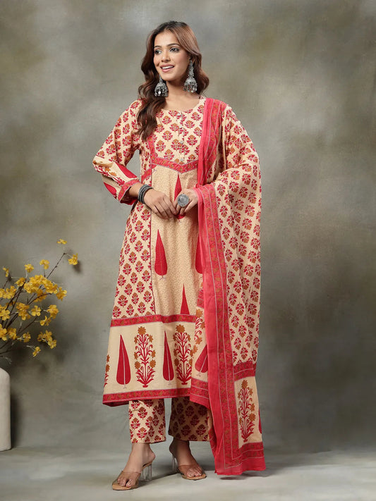 Red and Peach Cotton Suit Set