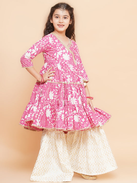 Blush Pink Floral Print Angrakha Style Kurta