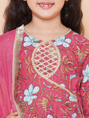 Peach Floral Printed Angrakha Kurta & Sharara Set with Dupatta