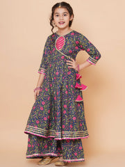Blue Floral Printed Kurta Sharara Set with Dupatta – Angrakha Style