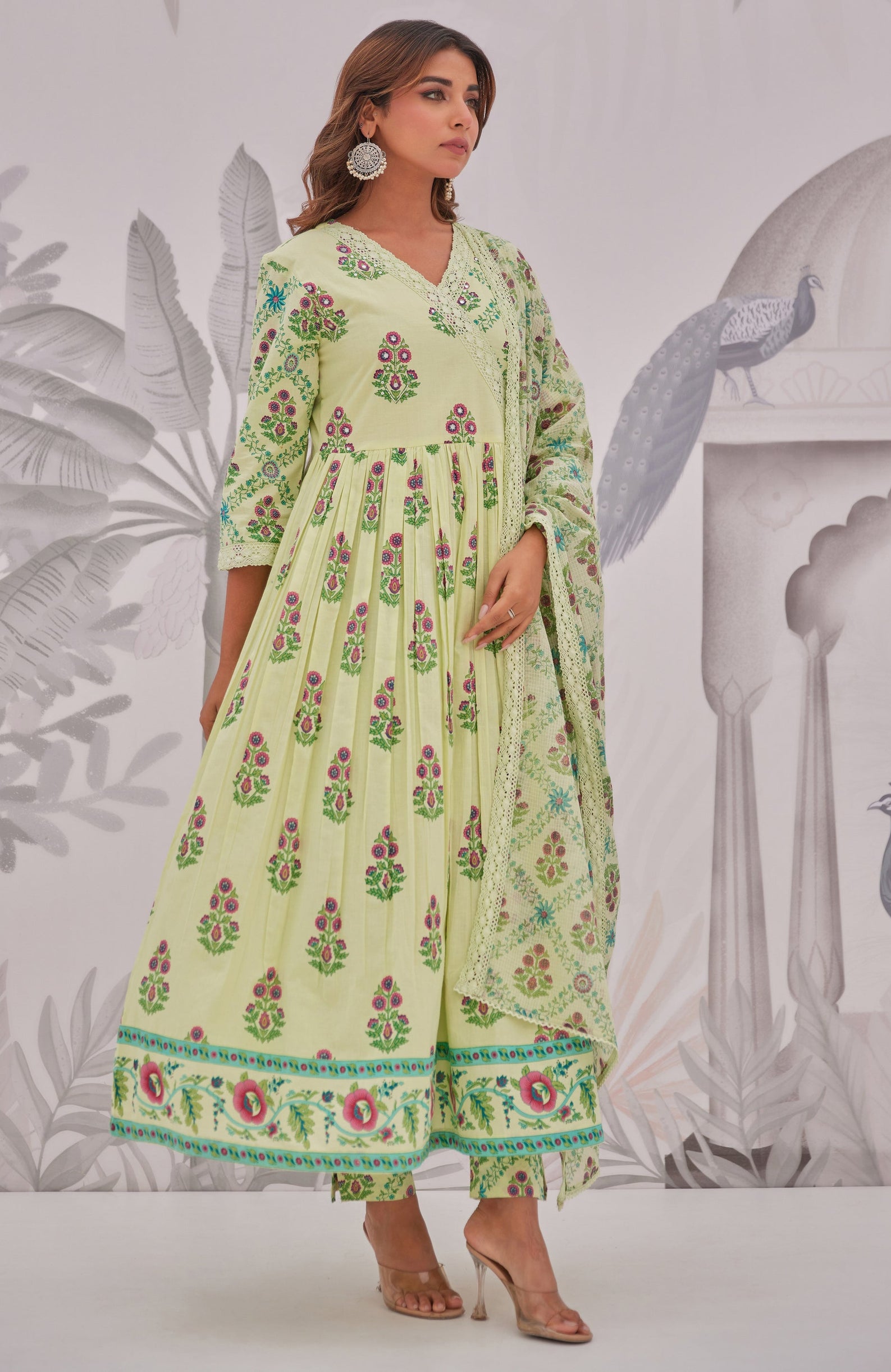 Green Petal Butta Anarkali Set